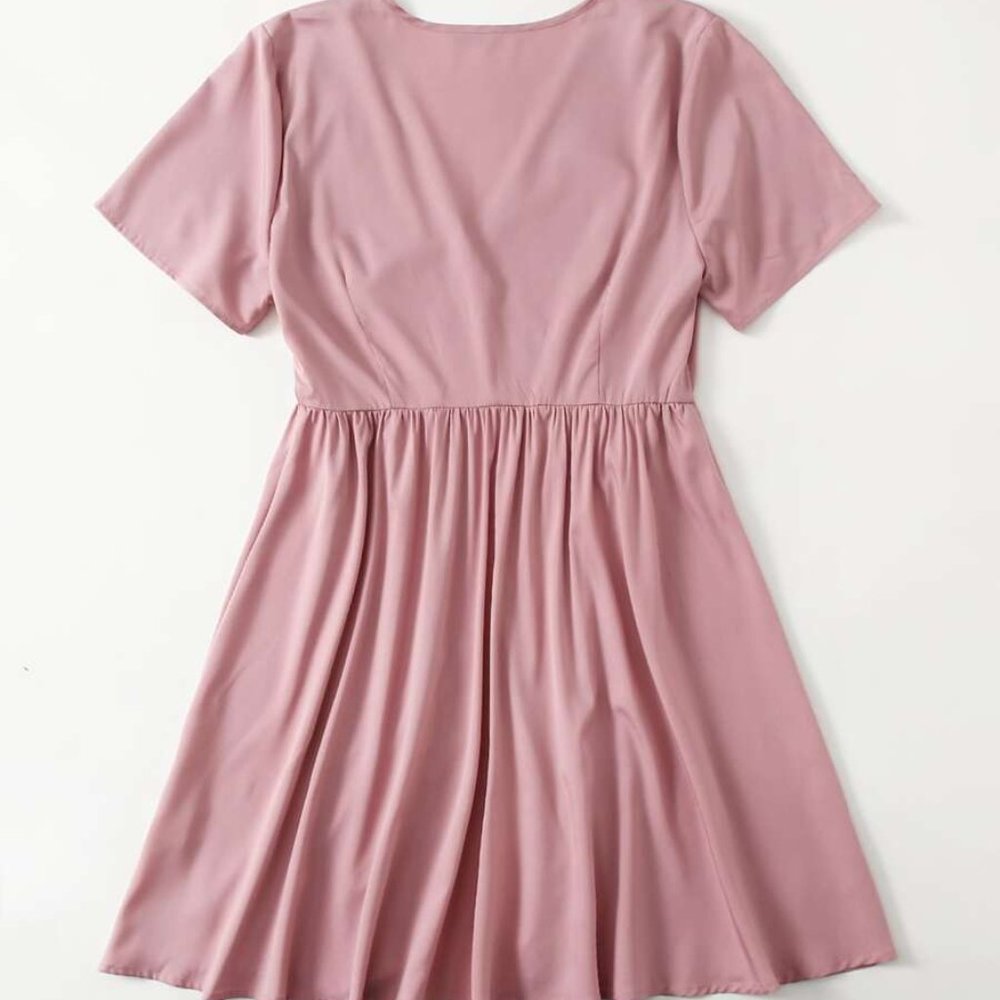 Pink Solid Button Front Dress - Picture 2 of 4